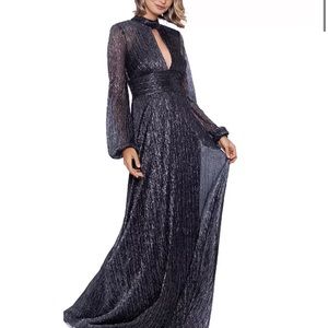 BETSY & ADAM Metallic-Threaded Front-Cutout Gown In Navy.